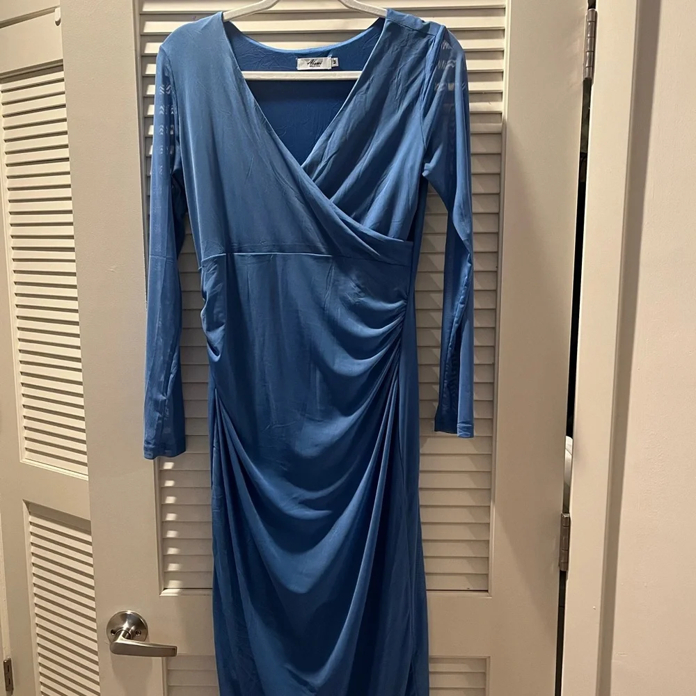 Maternity Long Sleeve Wrap Maxi Dress in Blue